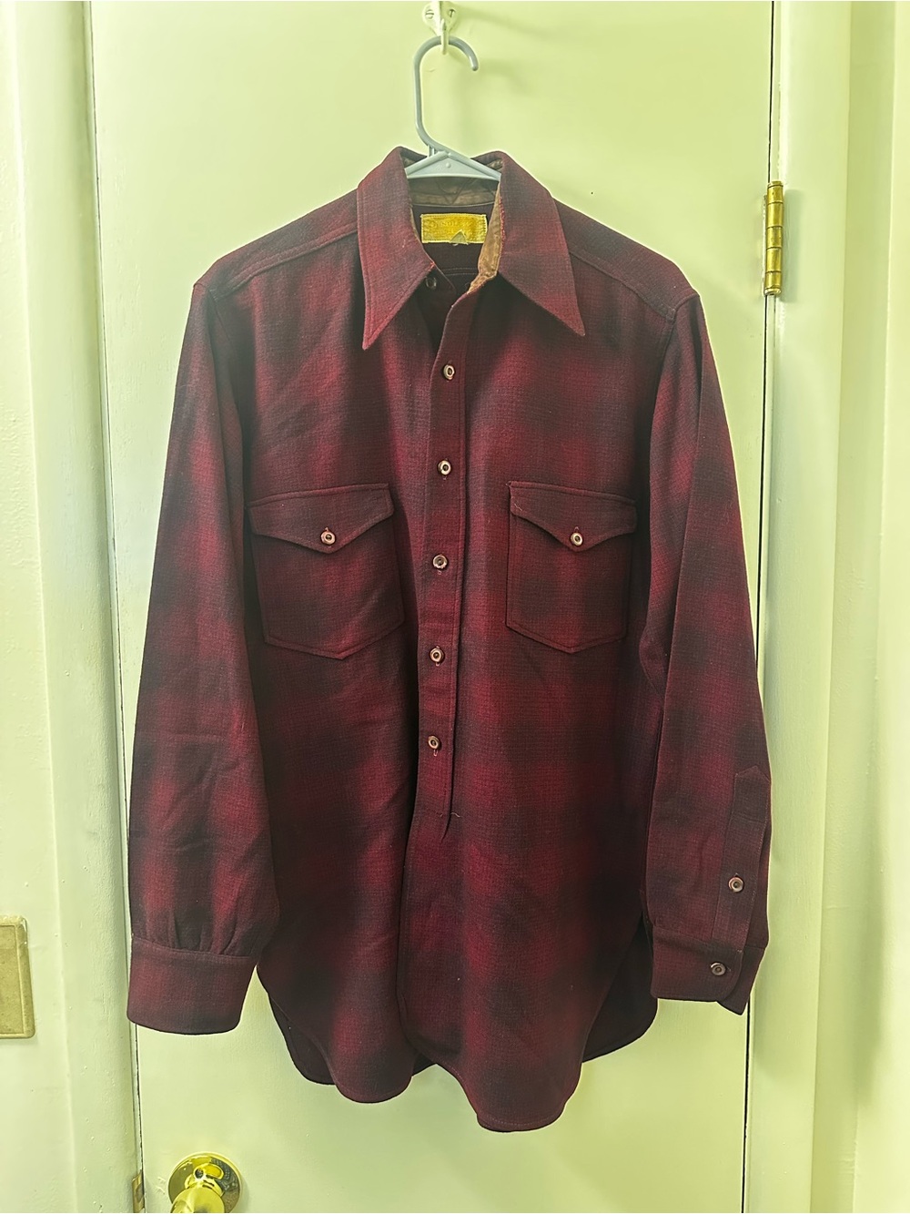 Vintage 60s 70s Pendleton Wool Shirt Mens Burgundy Shadow Plaid USA